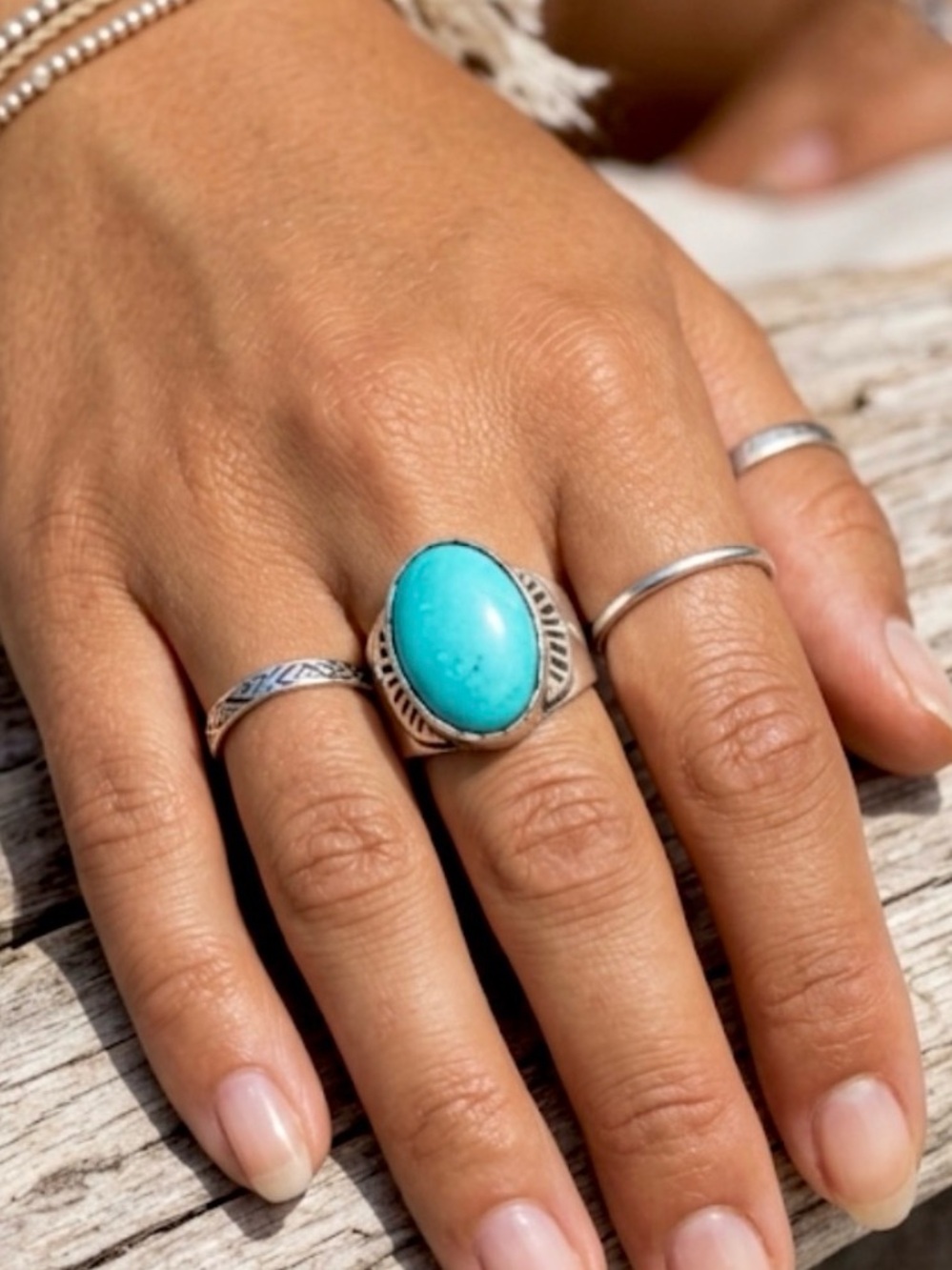 Vintage Native American Signed Sterling Silver Turquoise Ring Size 8.5